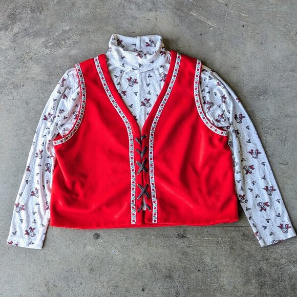 Vintage Handmade Red Floral Trim Lace Up Front Vest - Picture 1 of 9